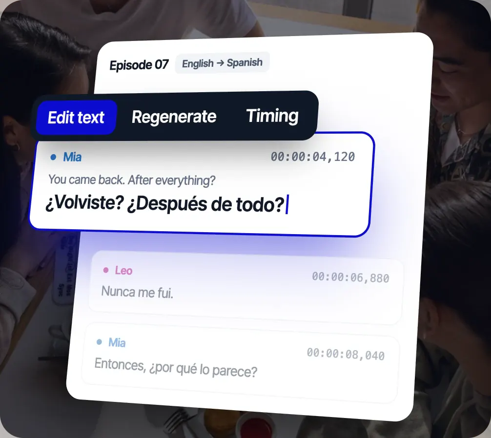 Edytor wierszy w Rask dla odcinka 07, z angielskiego na hiszpański: linia tekstu postaci Mii jest edytowana za pomocą opcji Edytuj tekst, Wygeneruj ponownie i Czas